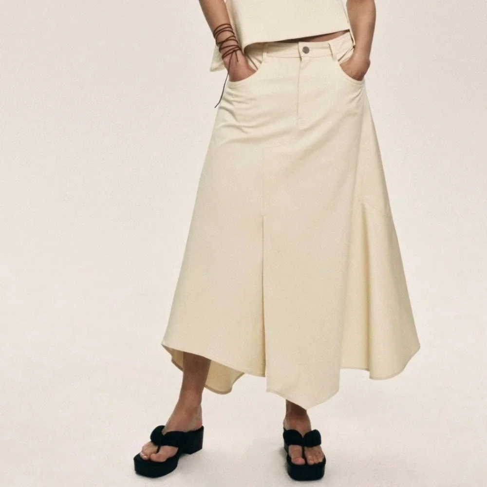 ZARA Asymmetrical Midi Skirt Cream Cotton Blend Size Medium